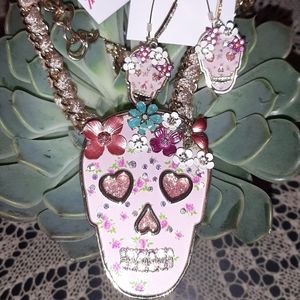 Betsey Johnson Pink skull necklace with earrings